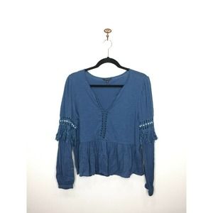 Lucky Brand Blue Tassel Peplum Boho Blouse Small